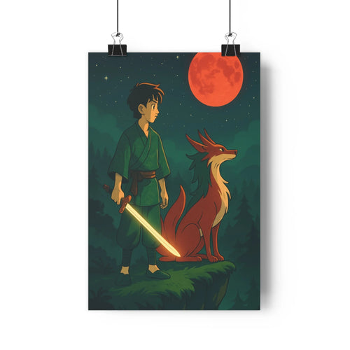 Poster guerrier créature fantastique nuit lune rouge arbres silhouettes lumière épique mystère paysage sombre ambiance énigmatique salon chambre