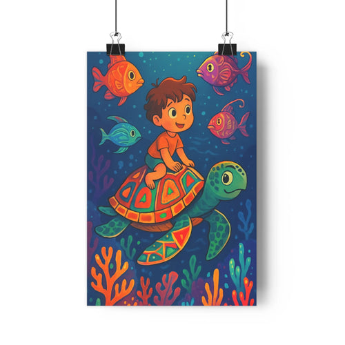 Poster enfant tortue océan poissons coraux bleu orange violets cartoon joyeux aventures sousmarine libertaire