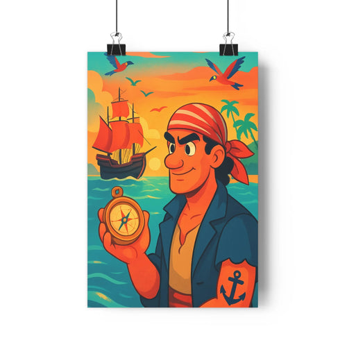 Poster aventure marine compas coucher soleil voiles rouge vagues bleues oiseaux palmiers exotique cartoon vibrant énergique chambre salon