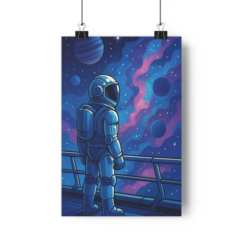 Poster astronaute espace nuit planètes étoiles nuages rose violet ciel bleu profondeur détaillé calme contemplatif bureau chambre