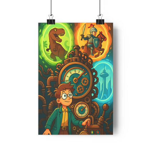 Poster steampunk aventurier horloge mécanismes lunettes dinosaure chevalier tour bleu vert jaune fantastique salon bureau chambre enfant