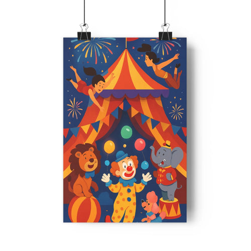 Poster joyeux cirque clown lion éléphant chien volantes fond rouge jaune bleu ambiance festive enfantine simple contours nets style cartoon