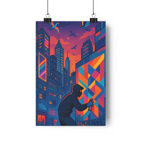 Poster urbain graffiti homme bonnet bombe peinture gratte-ciels bleus oiseaux ciel rose violet géométrique moderne stylé contours nets vibrant salon