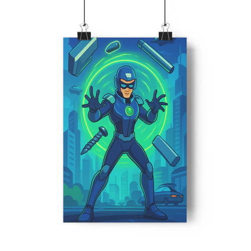 Poster futuriste bleu vert action superhéros ville dynamique technologie ombres douces style cartoon contours nets chambre enfant aventure design graphique