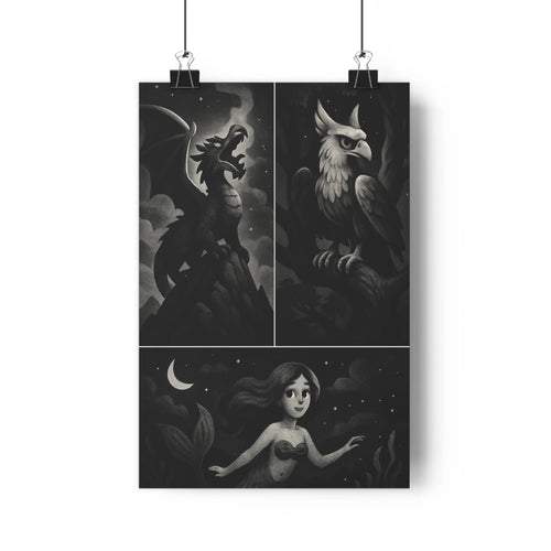 Poster mystique dragons oiseaux fantastiques sirènes nuit étoiles nuages océan noir blanc gris détails réalistes salon chambre bureau enchantement fantastique