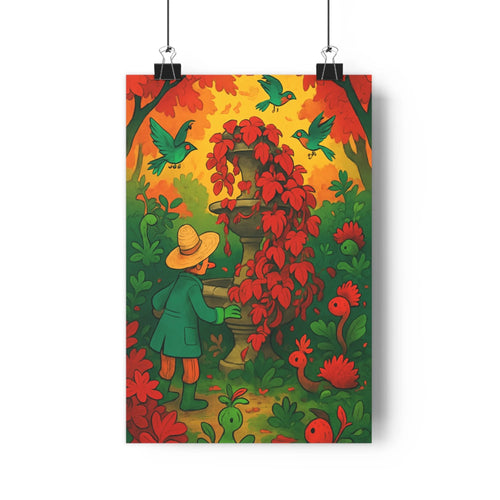 Poster paysage automnal arbre feuilles rouges jaunes personnage manteau vert casquette bassin lierre rouge oiseaux verts plantes fleurs ambiance naturelle