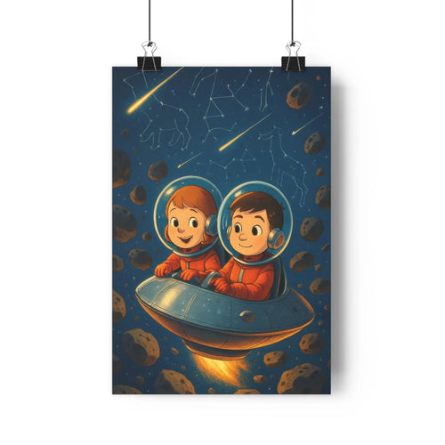 Poster aventure spatiale personnages souriants capsule volante ciel nocturne étoiles météores rochers flottants ambiance fantastique style cartoon couleurs vives chambre