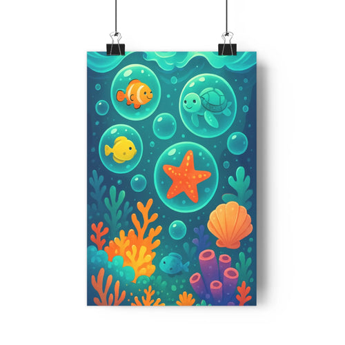 Poster sous marin joyeux bulles poissons tortue coraux verts oranges rouges eau profonde cartoon ambiance vivante chambre enfants salon