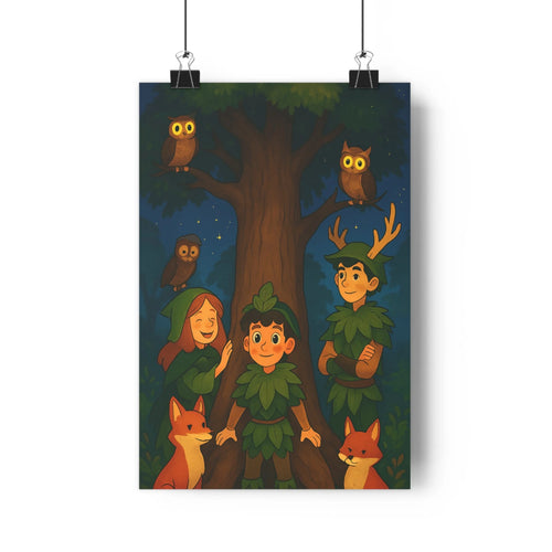 Poster nature magique chasseurs arbre forêt nuit hiboux sourires aventures camaraderie contours nets couleurs vives ambiance joyeuse style cartoon