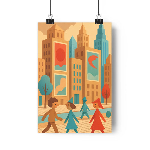 Poster urbain personnages mouvement rue pavée buildings colorés soleil lune ambiance lumineuse couleurs vives style plat minimaliste joyeux ensoleillé moderne