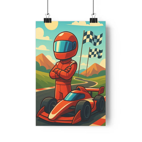 Poster sportif pilote bras croisés costume rouge casque voiture course piste drapeaux montagnes ciel bleu nuages ambiance dynamique aventure chambre