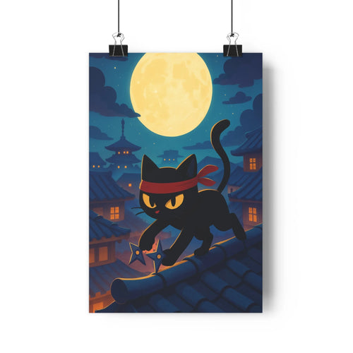 Poster chat ninja rouge étoile tuiles lanternes pagodes nuit lune bleu noir ambiance mystérieuse chambre bureau art mural