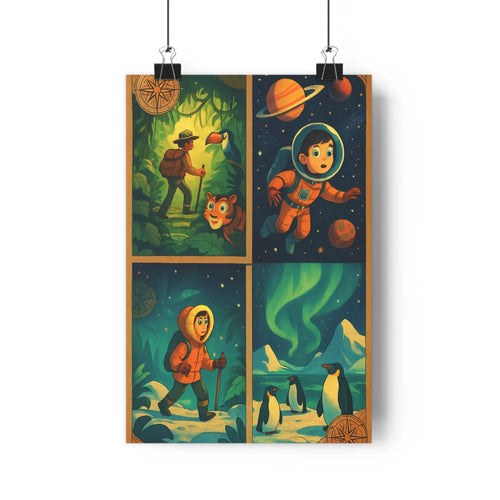 Poster voyage aventure jungle espace neige couleurs vives paysages naturels exploration spatial flocons aurore boréale animaux sauvages décors variés style
