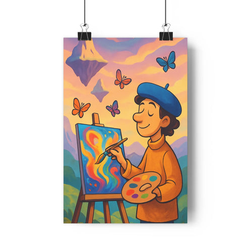 Poster enfant peintre palette brosse nuages roses bleus papillons sculpture plante livres ambiance créative joyeuse salon chambre