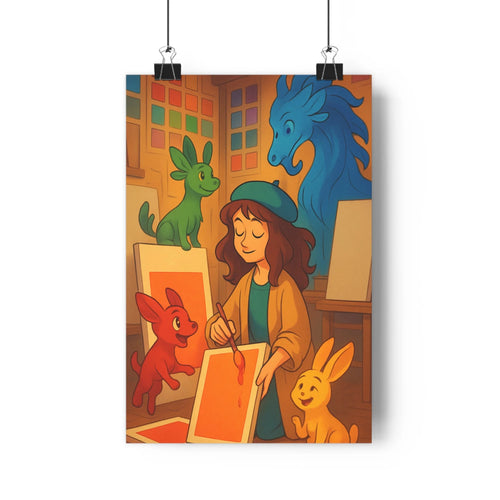 Poster artiste peintre renard chien lapin palette couleurs vives modernes carrés de couleur sculpture cheval ambiance chaleureuse créative studio vibrant
