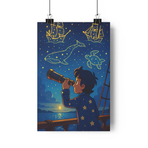 Poster marin constellation enfant télescope mer lune plantes livres décors bleu doré enfantin rêveux chambre salon bureau