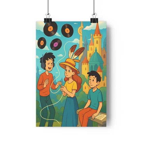 Poster personnages musique château nuages bleus contours nets couleurs vives ambiance joyeuse décoration chambre salon