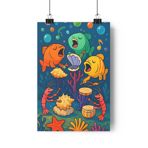 Poster océan poissons musiciens instruments corail algues bulles bleu rouge vert joyeux cartoon chambre enfants
