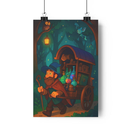 Poster mystique forestier magicien flacons chariot lanterne oiseaux nuit enchantée aventurier contours nets détails doux ambiance sombre verte bleue brune