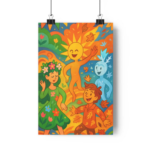 Poster joyeux soleil souriant enfants danse feuilles automne fleurs couleurs vives cartoon familial festif salon chambre intérieur
