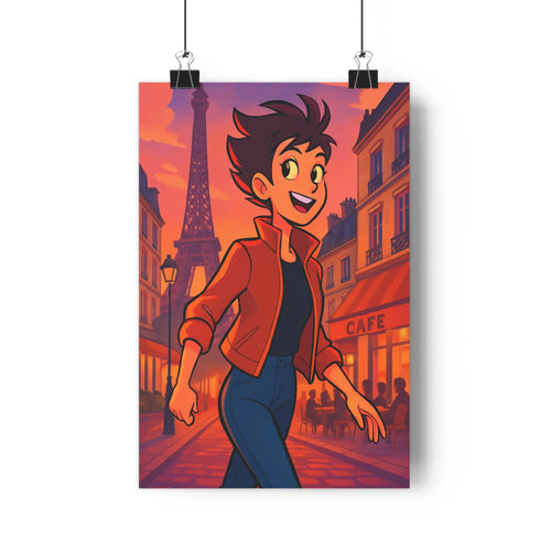 Poster décoratif romantique Paris tour Eiffel vibrant rouge orange chaleureux salon dessin joyeux ambiance