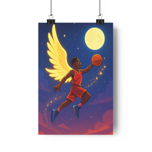 Poster joueur basketteur ailes dorées ballon ciel nocturne lune étoiles nuages ambience fantastique dynamique chambre bureau