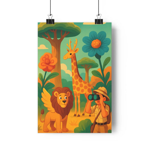 Poster aventure safaire animal jungle lion ailé girafe explorateur jumelles arbres fleurs plantes vibrant joyeux cartoon