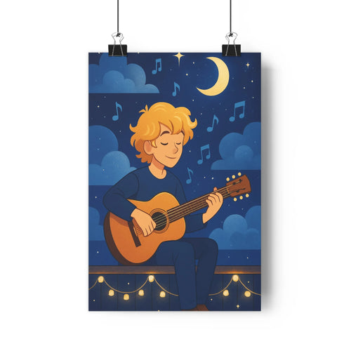Poster guitare nuit étoiles musicien calme bleu doré cloudies lumières chambre apaisante émotion poésie fantastique