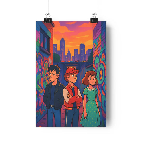 Poster urbain personnages graffiti dynamique moderne coloré orange rose bleu ruelle ambiance mystérieuse salon chambre