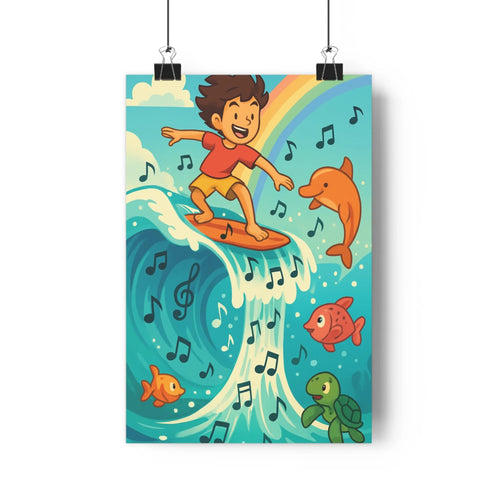 Poster surfant garçon poissons dauphin tortue vague arc-en-ciel notes musicales plante verte étagère bureau ambiance joyeuse bleu vert rouge yellow