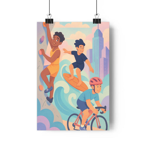 Poster sportif moderne pastel bleu vert jaune énergique urbain dynamique aventure jeune gens activités grimper surfer pédaler gratte-ciels lumineux chambre