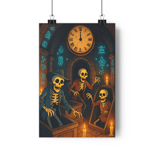 Poster mystique squelettes horloge minuit bougies manteau rouge costume noir chapeau bleu ombres ambre doré réalisme intérieur sombre suspense chambre