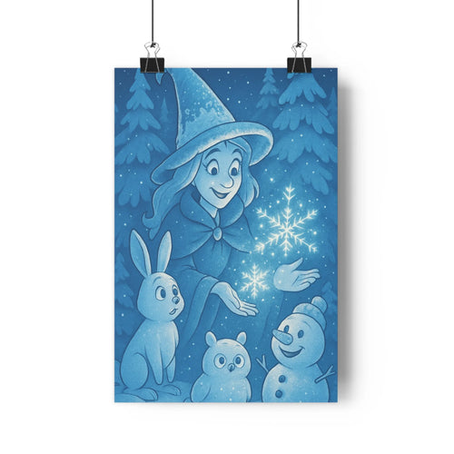Poster décoratif sorcière hivernal bleu cartoon mystique chambre enfant forêt neige magique captivant qualité