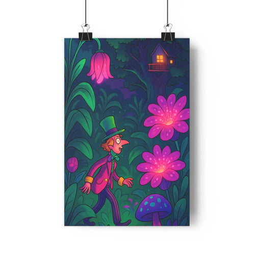 Poster enchanté forêt personnage costume chapeau feuilles fleurs champignon maison lumière verte violette rose mystique détaillé salon chambre