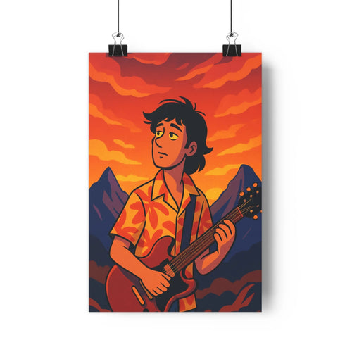 Poster vibrant guitare homme cheveux noirs chemisier motifs orange ciel nuages oranges montagnes sombres plante verte étagère objets ambiance joyeuse