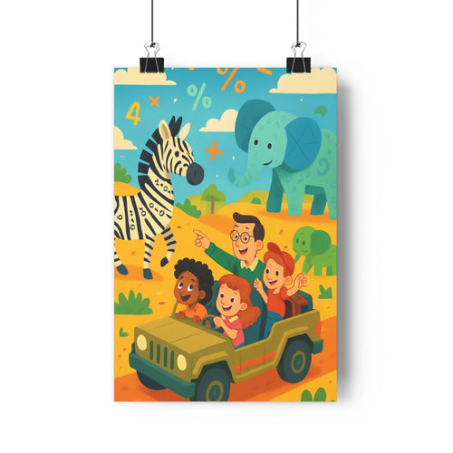 Poster animal safari jeep zèbre éléphant forêt ciel bleu contours nets style cartoon couleurs vives ambiance joyeuse chambre salon