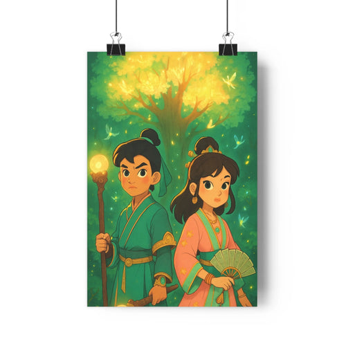 Poster fantasy personnages magiques paysage floral oiseaux arbre lumineux robes colorées ambiance douce salon bureau enfants cartoon détails soigneșți