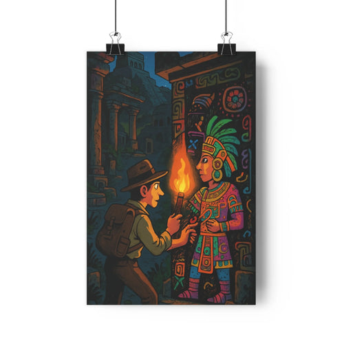 Poster mystère aztèque explorateur modernité figures mythologiques motifs floraux et géométriques couleurs vives ambiance captivante textures détaillées chambre salon