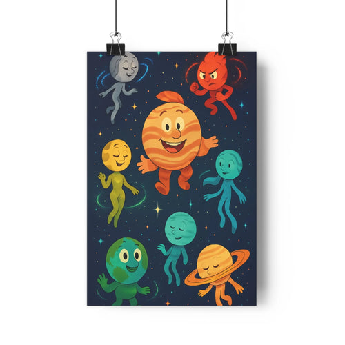 Poster sol systématique joyeux étoiles personnages colorés nuit expressive vibrant cartoon festive chambre enfants