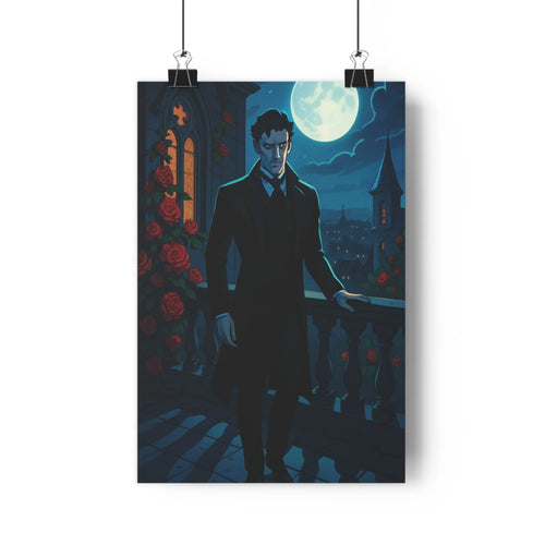 Poster homme balcon tailleur noir roses rouges cathédrale nuit lune bleue mystérieuse romantique chambre salon