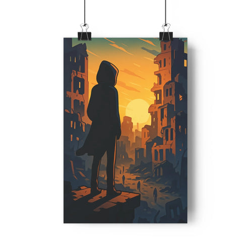 Poster silhouette homme encapuchonné ville dévastée coucher soleil bleu vert jaune ambiance dramatique style minimaliste abstrait introspection
