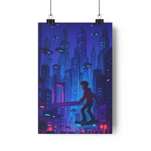 Poster homme hoverboard ville futuriste bleu violet lumières rouges ufos manteau rouge ponts rues moderne ambiance dystopique style graphique net