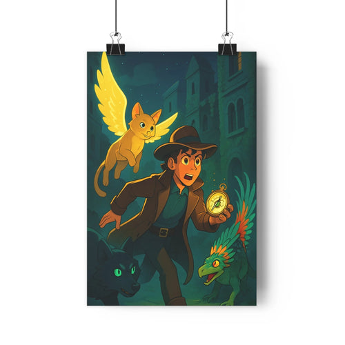 Poster mystique aventurier créatures fantastiques château gothique boussole chat ailé dragon noir silhouette nuit ambiance intrigante déco chambre salon