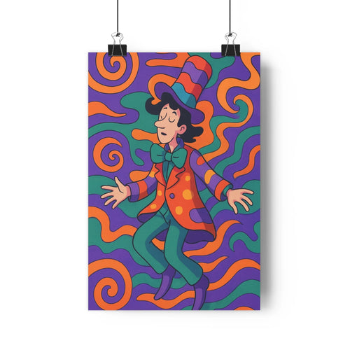 Poster vibrant homme en costume pois chapeau spirales orange violet vert plante verte étagère livres moderne joyeux salon chambre