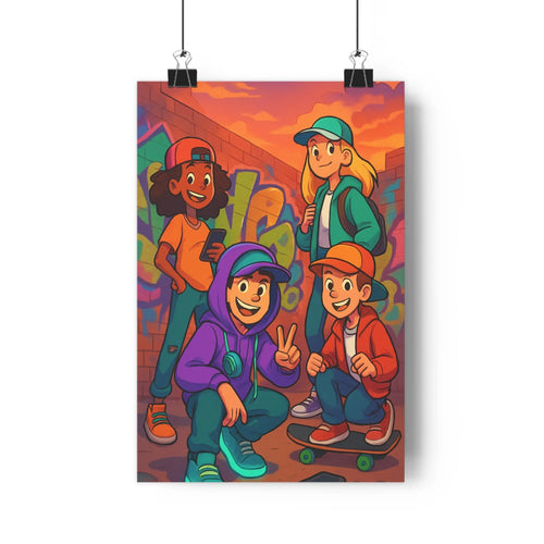 Poster urbain jeunes gens joyeux casual coucher soleil graffiti texturé plantes contrastant vibrant simple original modernité