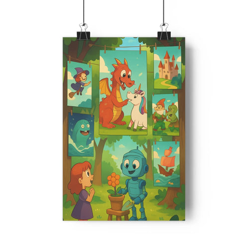 Poster scène forêt dragon licorne fil linge conversation créatures fantastiques petite fille robot fleurs arbres château ciel couleurs joyeuses style