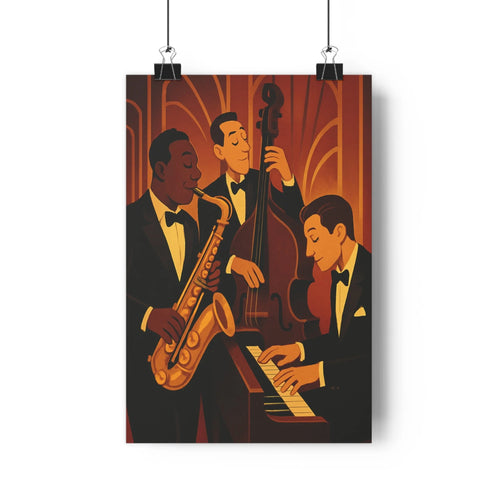 Poster jazz musiciens saxophone contrebasse piano orange rouge noir fond ondulé élégance rétro ambiance intime performance harmonieuse salon