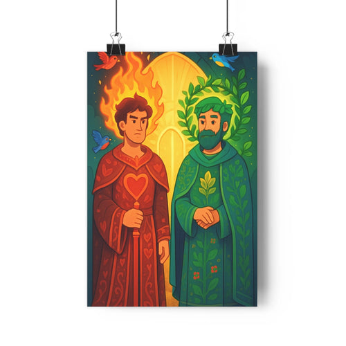 Poster vibrant rouge vert personnages robe coeur cape feuilles oiseaux volants fond sombre ambiance naturelle graphique détails conte legendes salon