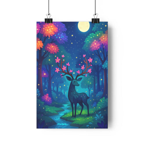 Poster magique cerf nuit forêt étoile lune fleurs roses violets bleus verts scintillement féerie vibrant enchantée chambre salon