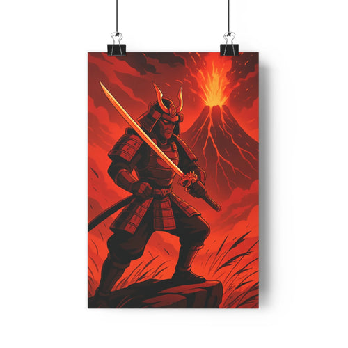 Poster épique samouraï épées volcan plantes intérieur calme tension rouge orange contours nets style graphique ambiance intense salon bureau